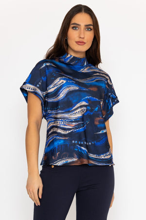 Printed High Neck Sateen Top in Blue