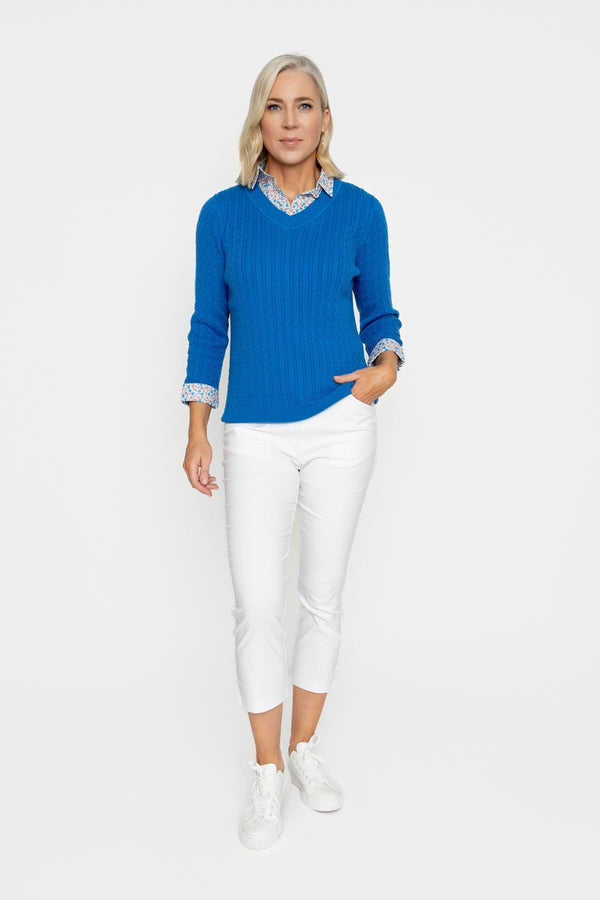 Carraig Donn Printed Shirt Collar Knit Jumper in Cobalt