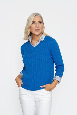 Carraig Donn Printed Shirt Collar Knit Jumper in Cobalt