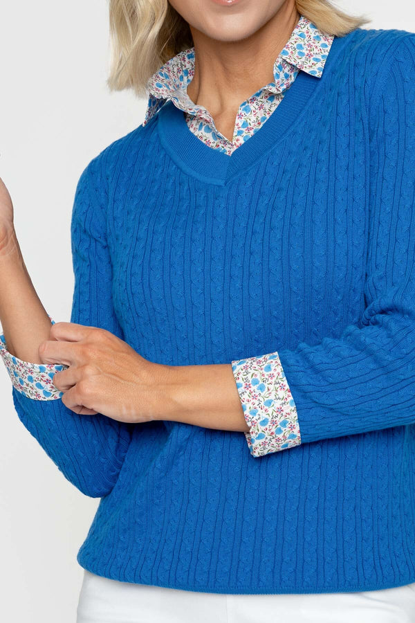 Carraig Donn Printed Shirt Collar Knit Jumper in Cobalt