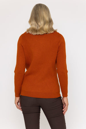 Carraig Donn Printed Shirt Collar Knit Jumper in Rust