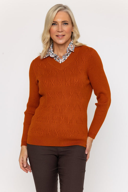 Printed Shirt Collar Knit Jumper in Rust