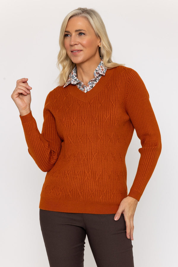 Carraig Donn Printed Shirt Collar Knit Jumper in Rust