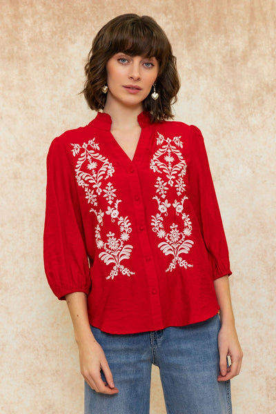 Red Blouse with Embroidered Details