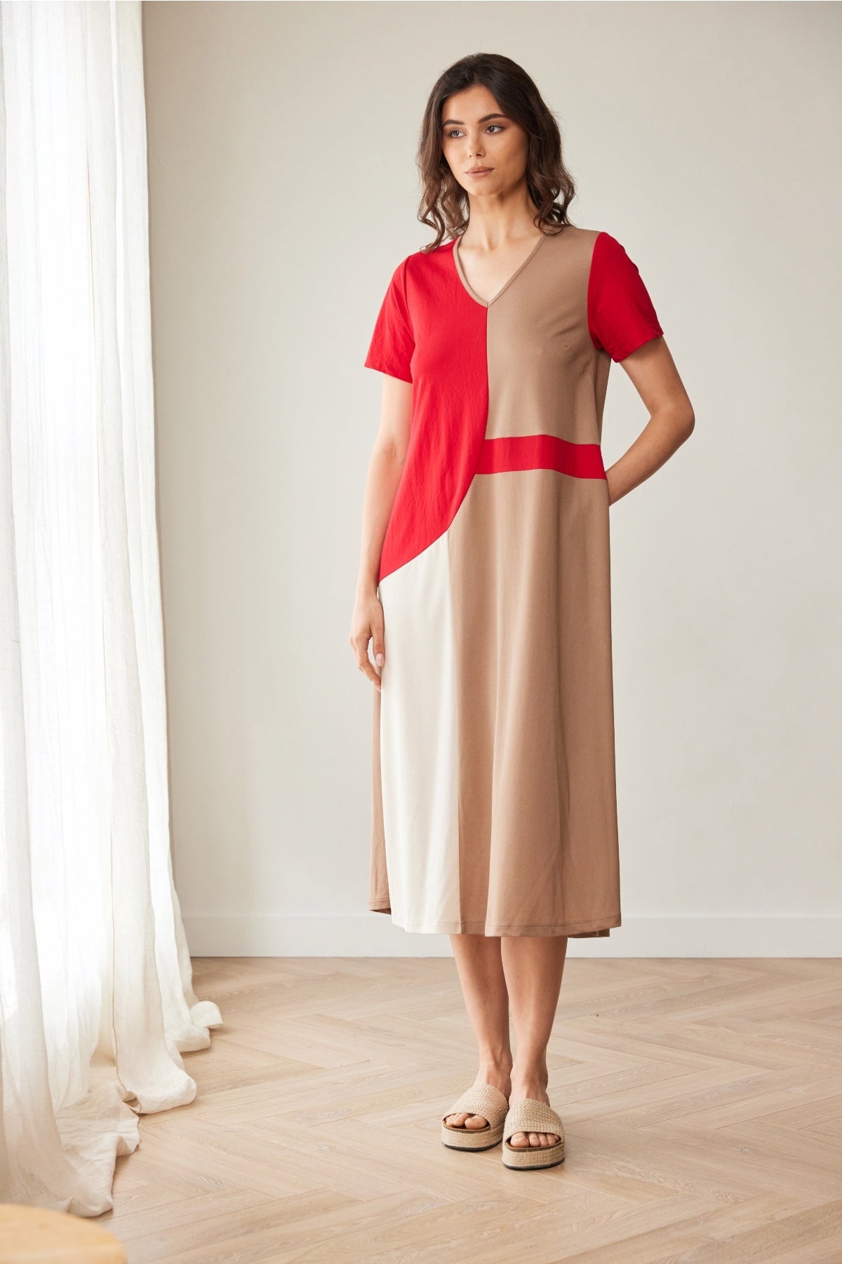 Red & Brown Colour Block Midi Dress