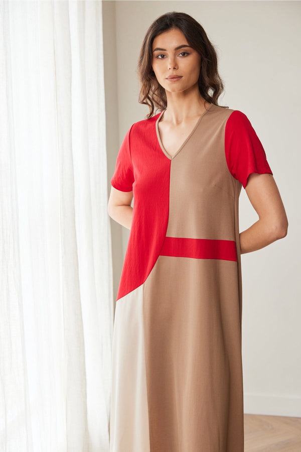 Carraig Donn Red & Brown Colour Block Midi Dress