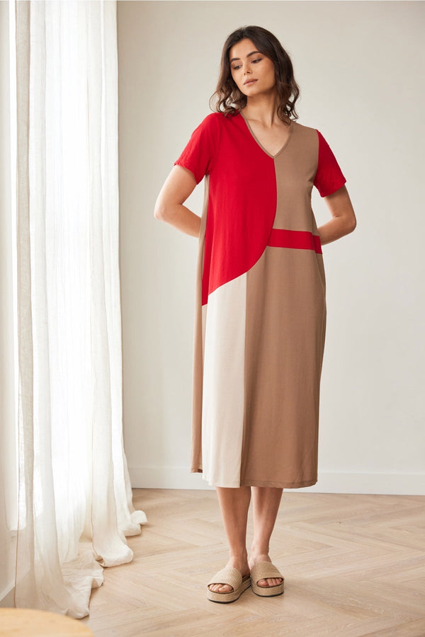 Carraig Donn Red & Brown Colour Block Midi Dress