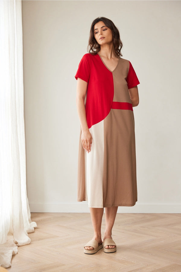 Carraig Donn Red & Brown Colour Block Midi Dress