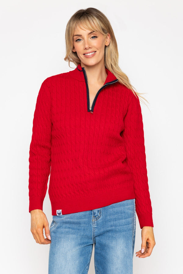 Carraig Donn Red Cable Knit Half Zip Sweater