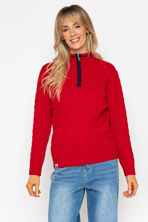 Red Cable Knit Half Zip Sweater