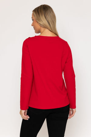 Carraig Donn Red Cotton Long Sleeve Top With Golden Buttons