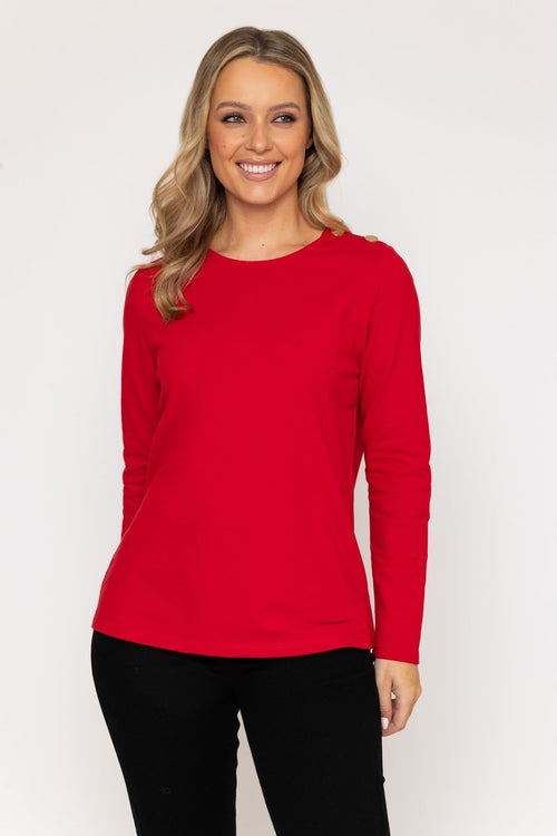 Carraig Donn Red Cotton Long Sleeve Top With Golden Buttons