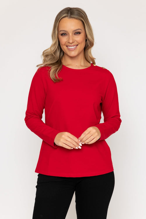 Red Cotton Long Sleeve Top With Golden Buttons