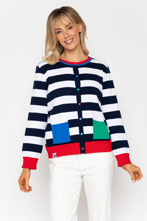 Rib Stripe Cardigan With Contrast Pockets