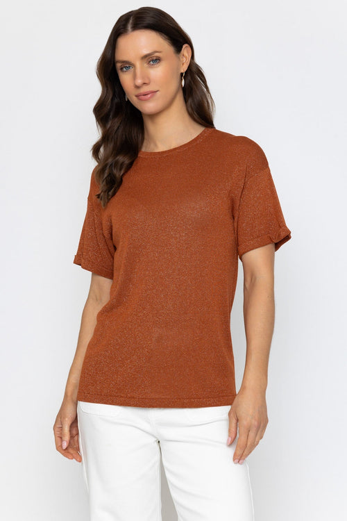 Rust Metallic Short Sleeve Knit Top