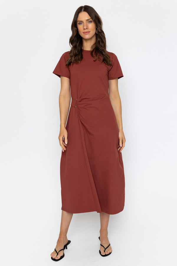 knee length dresses for ladies Lizza Rust Satin Maxi Dress with Slit main image 1