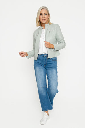 Carraig Donn Sage PU Jacket With Embroidered Sleeve Detail