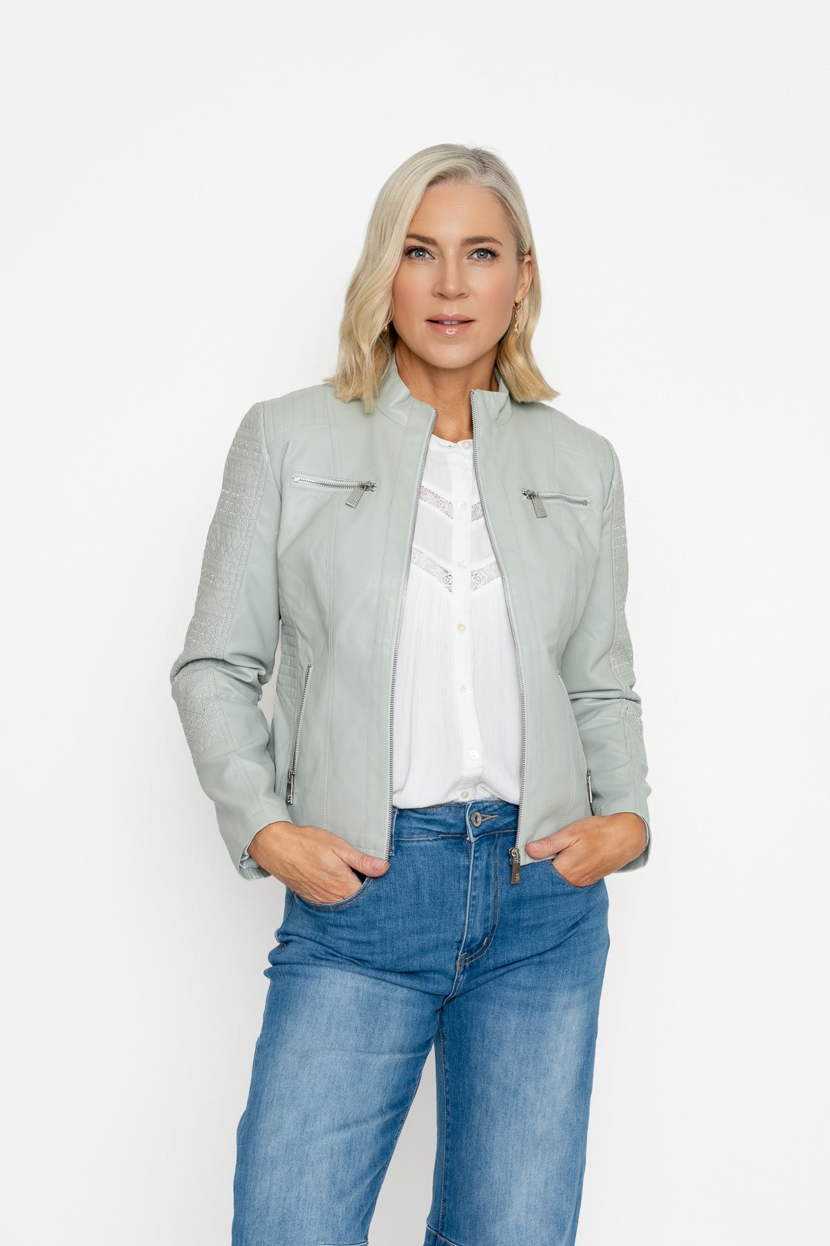 Sage PU Jacket With Embroidered Sleeve Detail