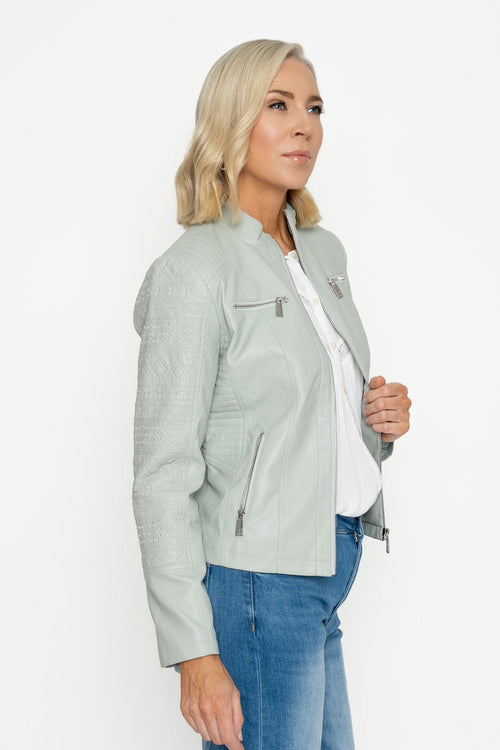 Carraig Donn Sage PU Jacket With Embroidered Sleeve Detail