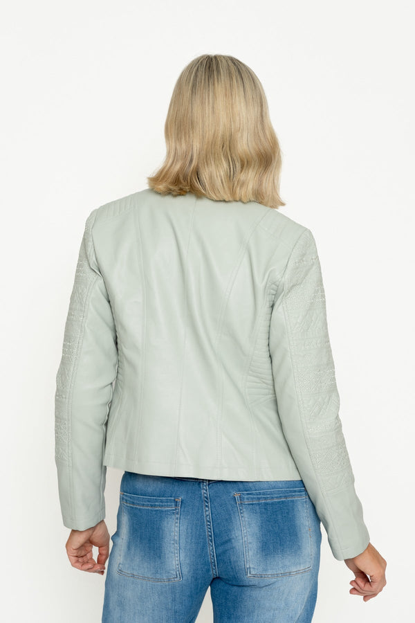 Carraig Donn Sage PU Jacket With Embroidered Sleeve Detail