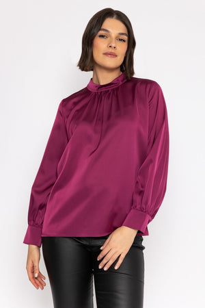 Satin High Neck Blouse in Berry