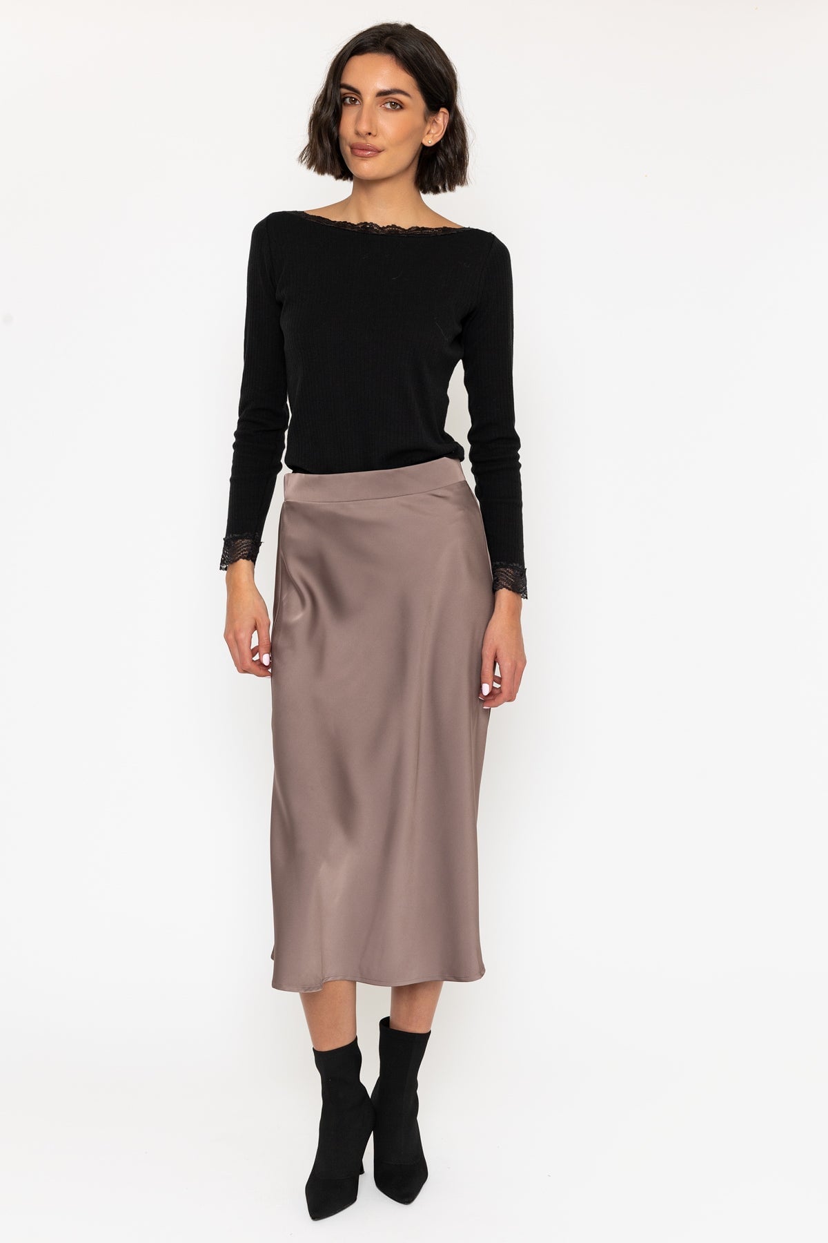 スカート Double Satin Long Skirt / Brown Brown Satin Maxi Skirt — 2BELLA BOUTIQUE