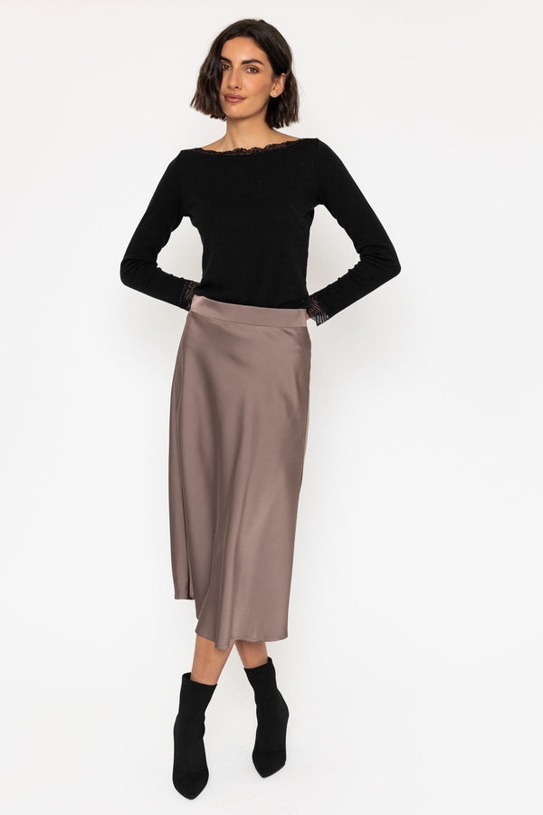 Carraig Donn Satin Midi Skirt in Mocha Brown
