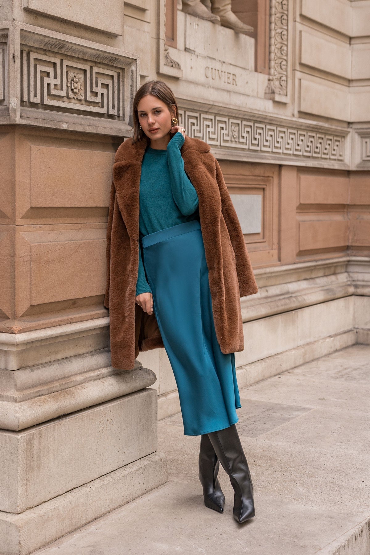 Satin Midi Skirt in Teal