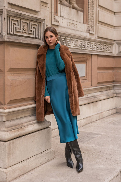 Satin Midi Skirt in Teal