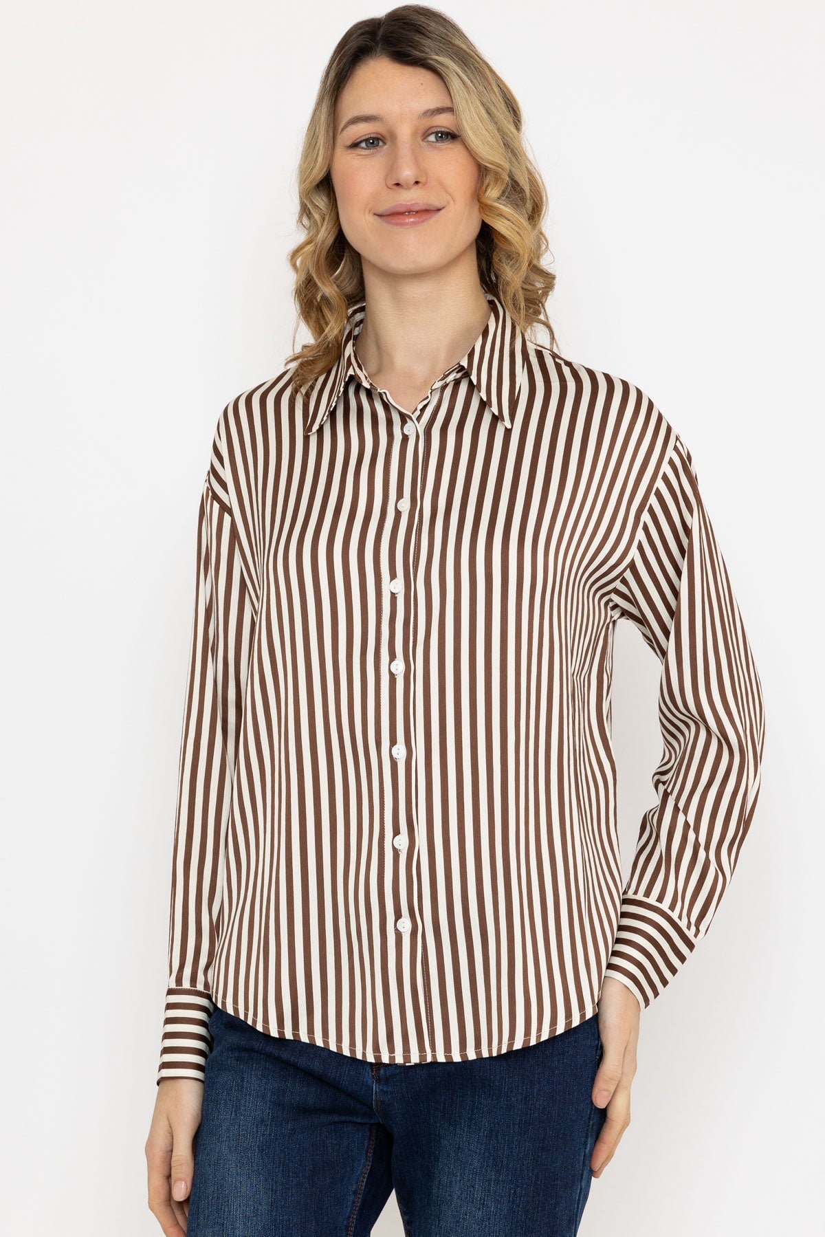 Satin Stripe Shirt in Brown
