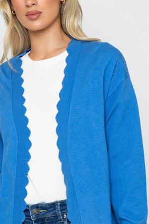 Carraig Donn Scallop Edge Longline Cardigan in Blue