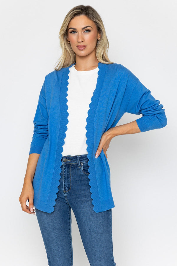Carraig Donn Scallop Edge Longline Cardigan in Blue