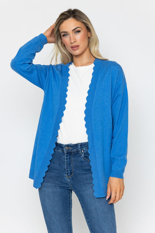 Carraig Donn Scallop Edge Longline Cardigan in Blue