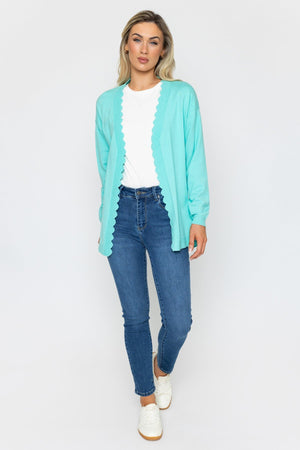 Carraig Donn Scallop Edge Longline Cardigan in Green