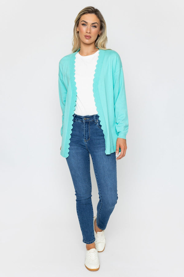 Carraig Donn Scallop Edge Longline Cardigan in Green