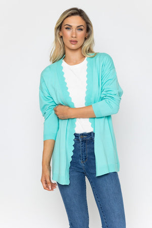 Carraig Donn Scallop Edge Longline Cardigan in Green