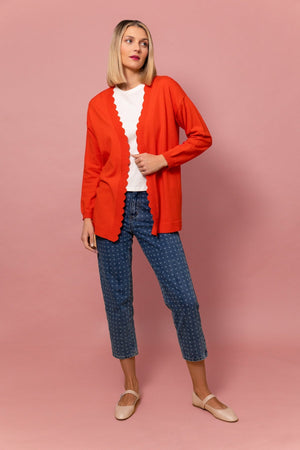 Carraig Donn Scallop Edge Longline Cardigan in Orange