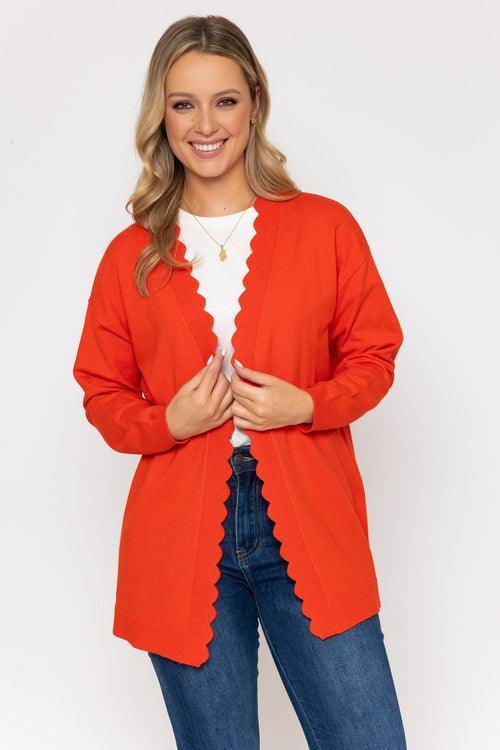 Scallop Edge Longline Cardigan in Orange