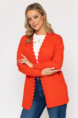 Carraig Donn Scallop Edge Longline Cardigan in Orange