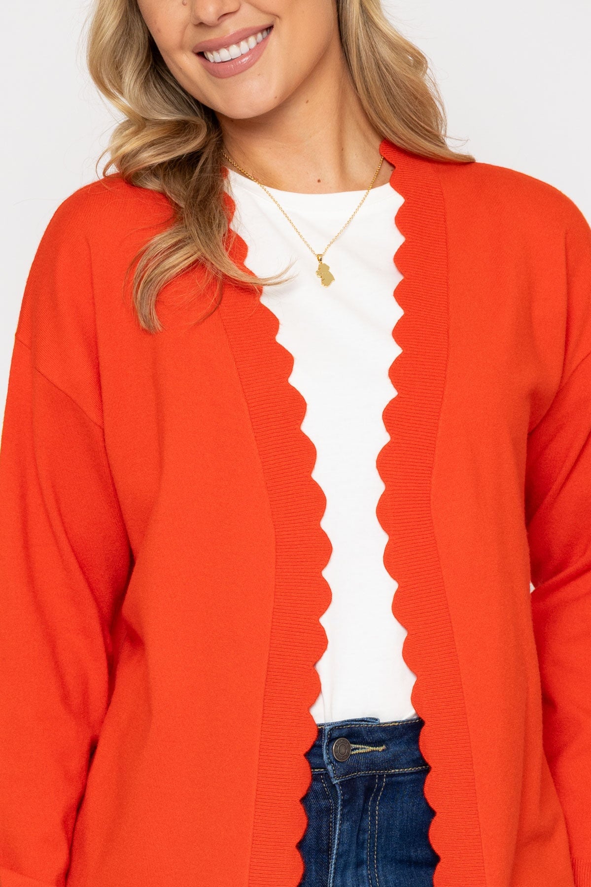 Scallop Edge Longline Cardigan in Orange | Ladies Knitwear