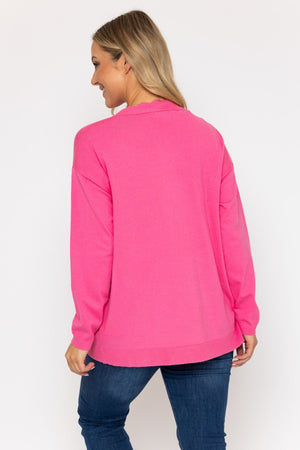 Carraig Donn Scallop Edge Longline Cardigan in Pink