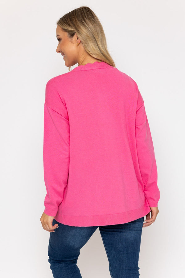 Carraig Donn Scallop Edge Longline Cardigan in Pink