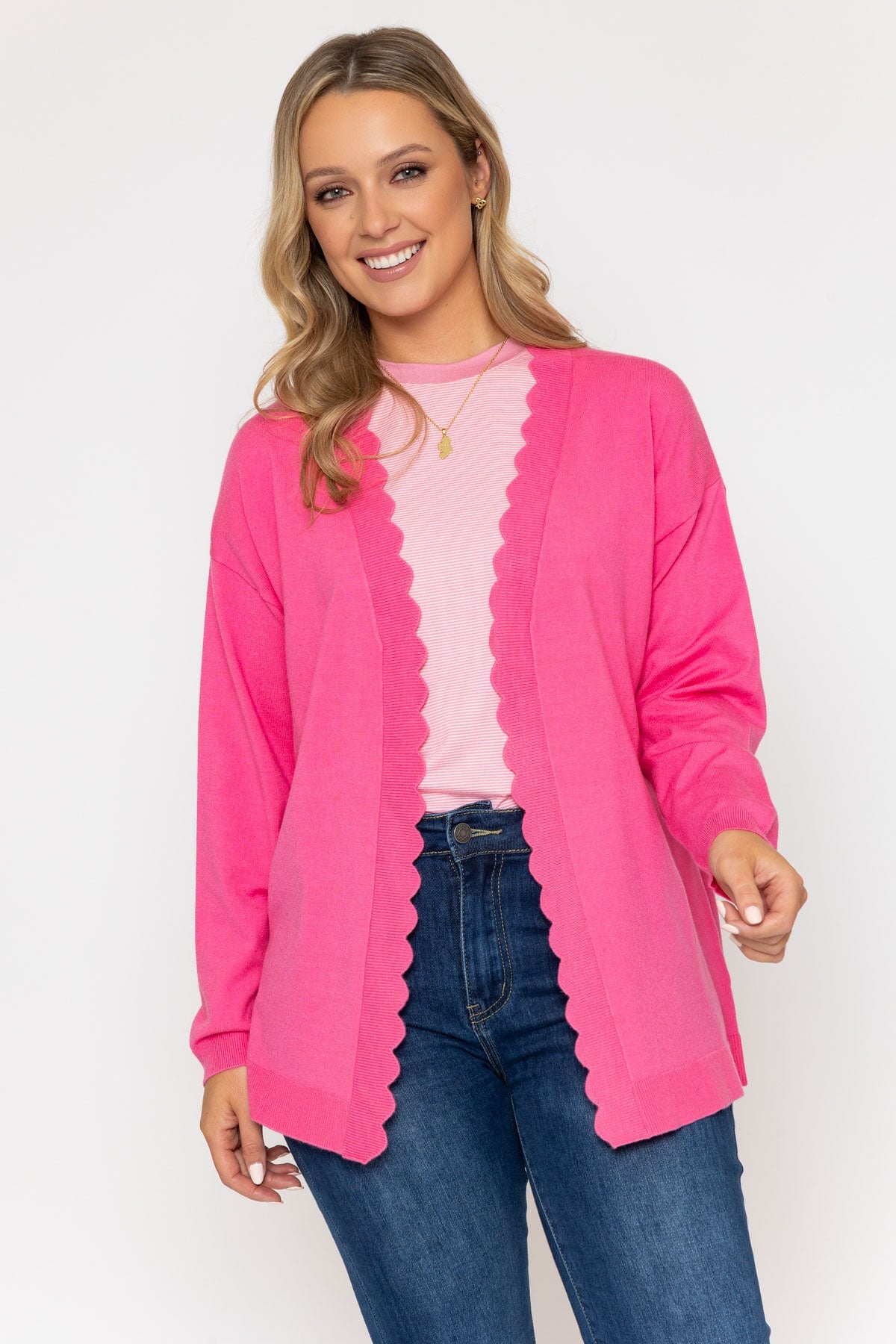 Scallop Edge Longline Cardigan in Pink