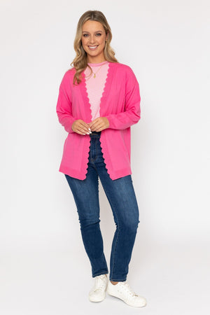 Carraig Donn Scallop Edge Longline Cardigan in Pink