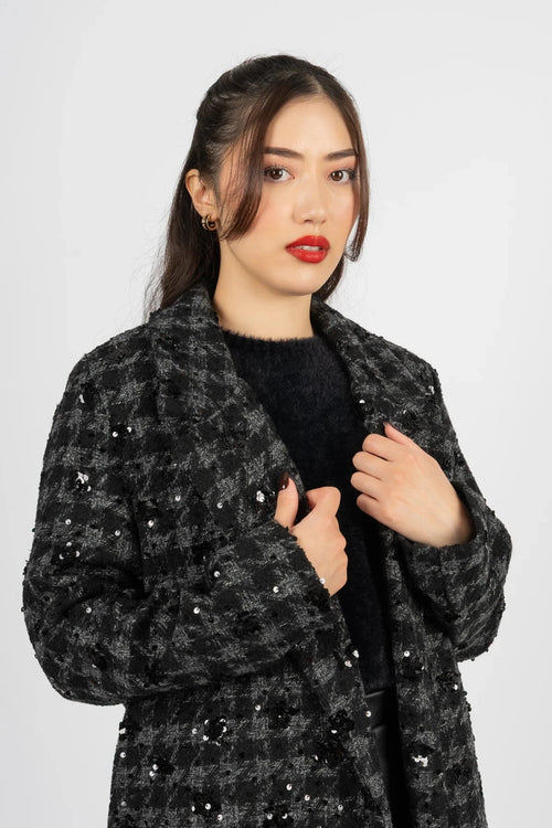 Carraig Donn Sequin Edge To Edge Black Coat