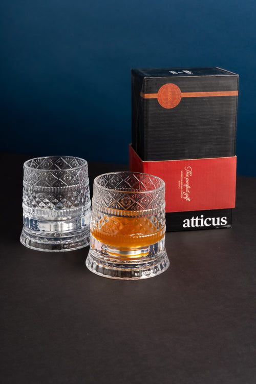 Set Of 2 Crystal Whiskey Glasses with Glass Coaster