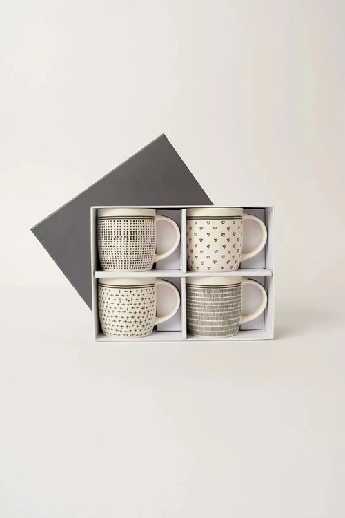 Set Of 4 Black & White Doodle Mugs