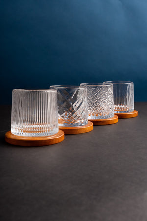 Carraig Donn Set of 4 Crystal Whiskey Glasses with Wooden Coaster
