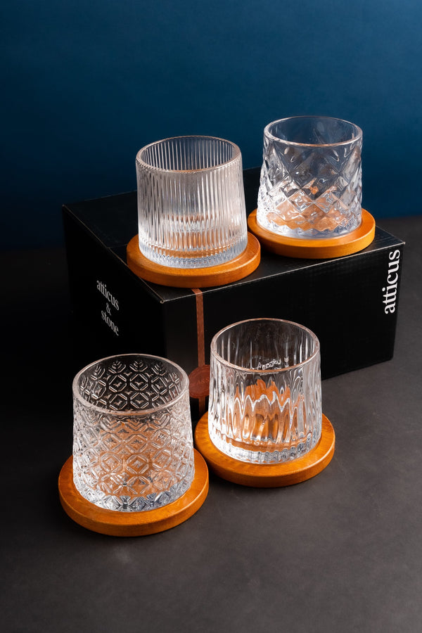 Carraig Donn Set of 4 Crystal Whiskey Glasses with Wooden Coaster