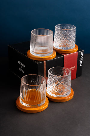 Carraig Donn Set of 4 Crystal Whiskey Glasses with Wooden Coaster